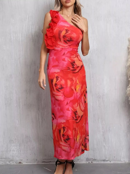 Floral Print One Shoulder Ruffle Trim Dress