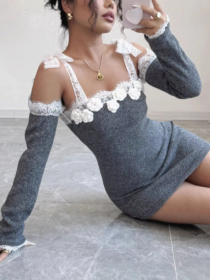 Lace trim crochet knit dress, view 4