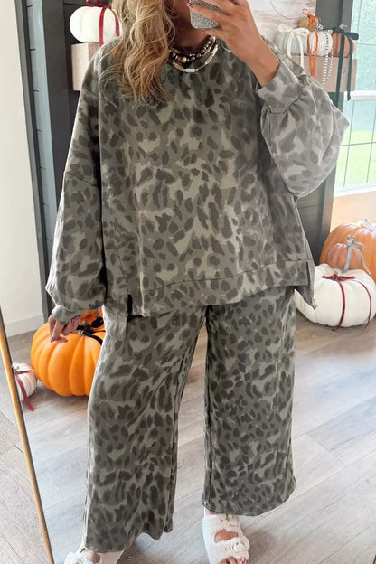 Leopard Print Long Sleeve Top and Pants Set