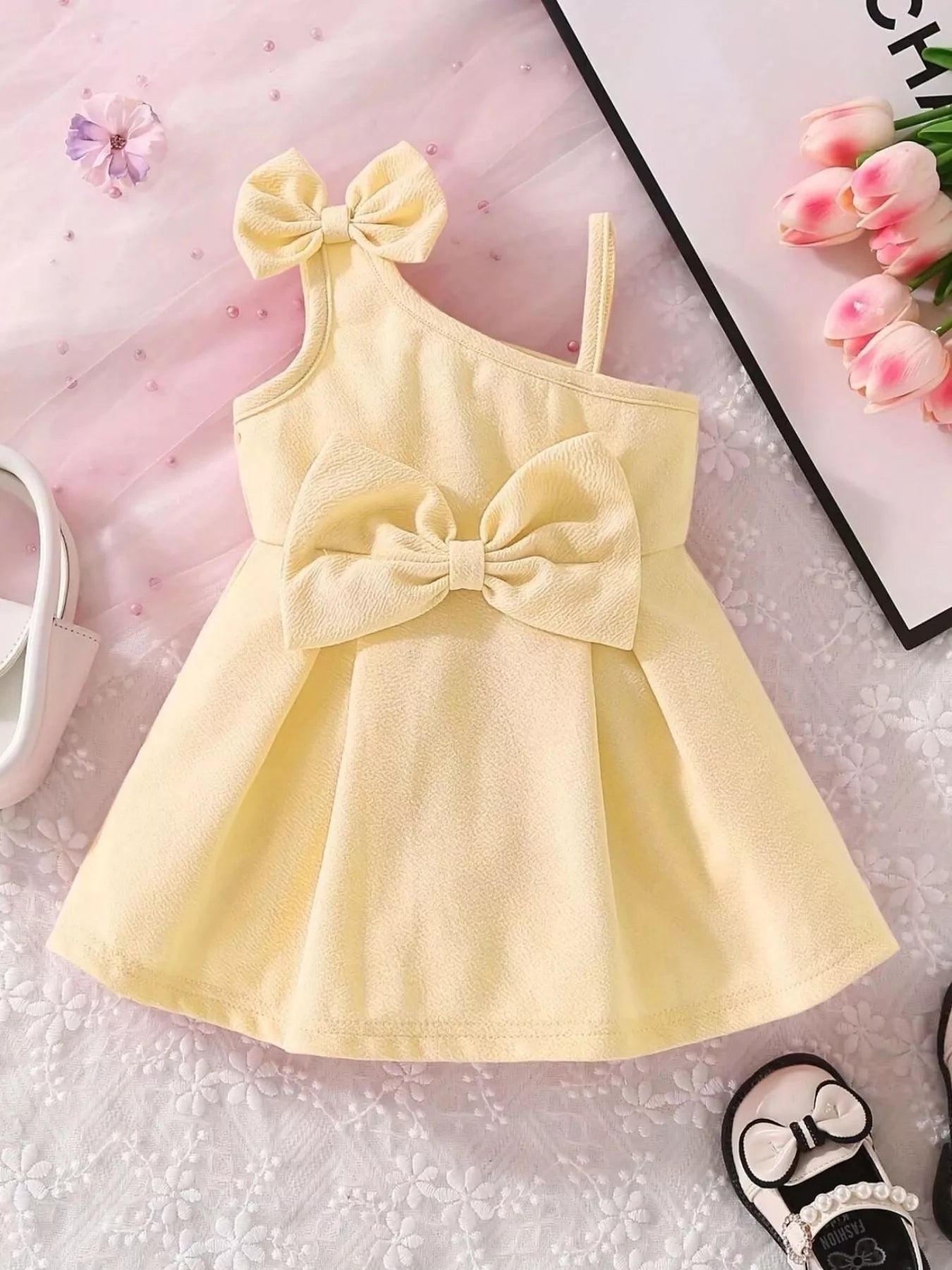 Children's Bow Asymmetrical Shoulder Dress