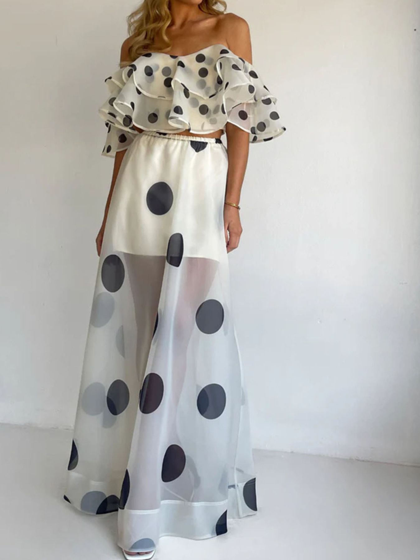 Polka Dot Ruffle Crop Top and Skirt Set