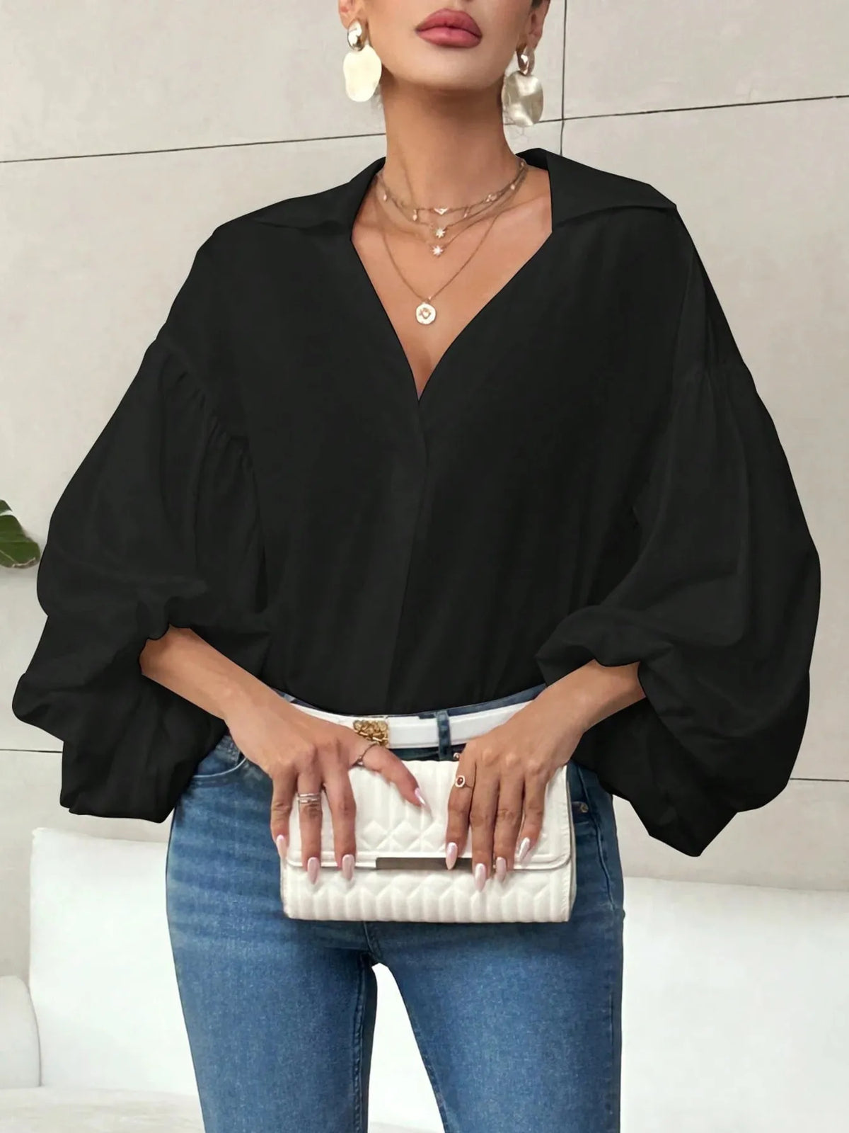 Buttoned Balloon Sleeve Blouse, Dots or Solids, S to 2XL