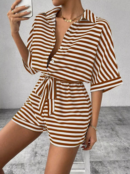 Striped Button Front Half Sleeve Romper