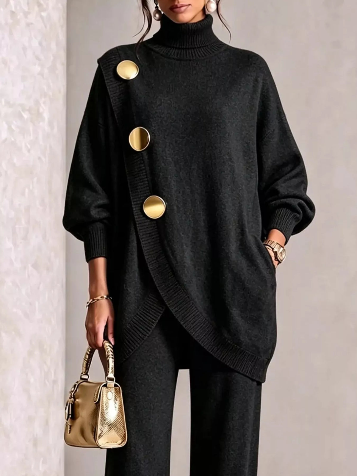 Gold button turtleneck set, view 12