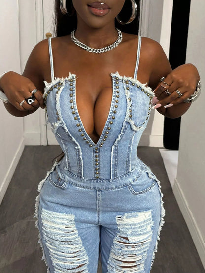 Distressed Spaghetti Strap Wide-Leg Denim Jumpsuit