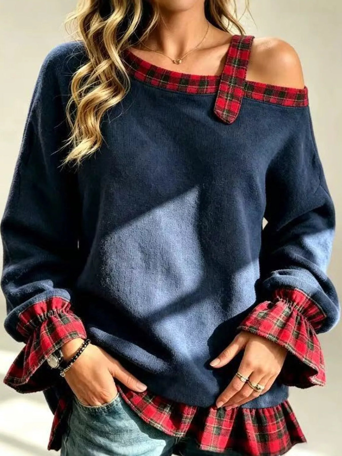 Curvy Women's Plaid Pullover with Ruffle Hem, 6 Colors
