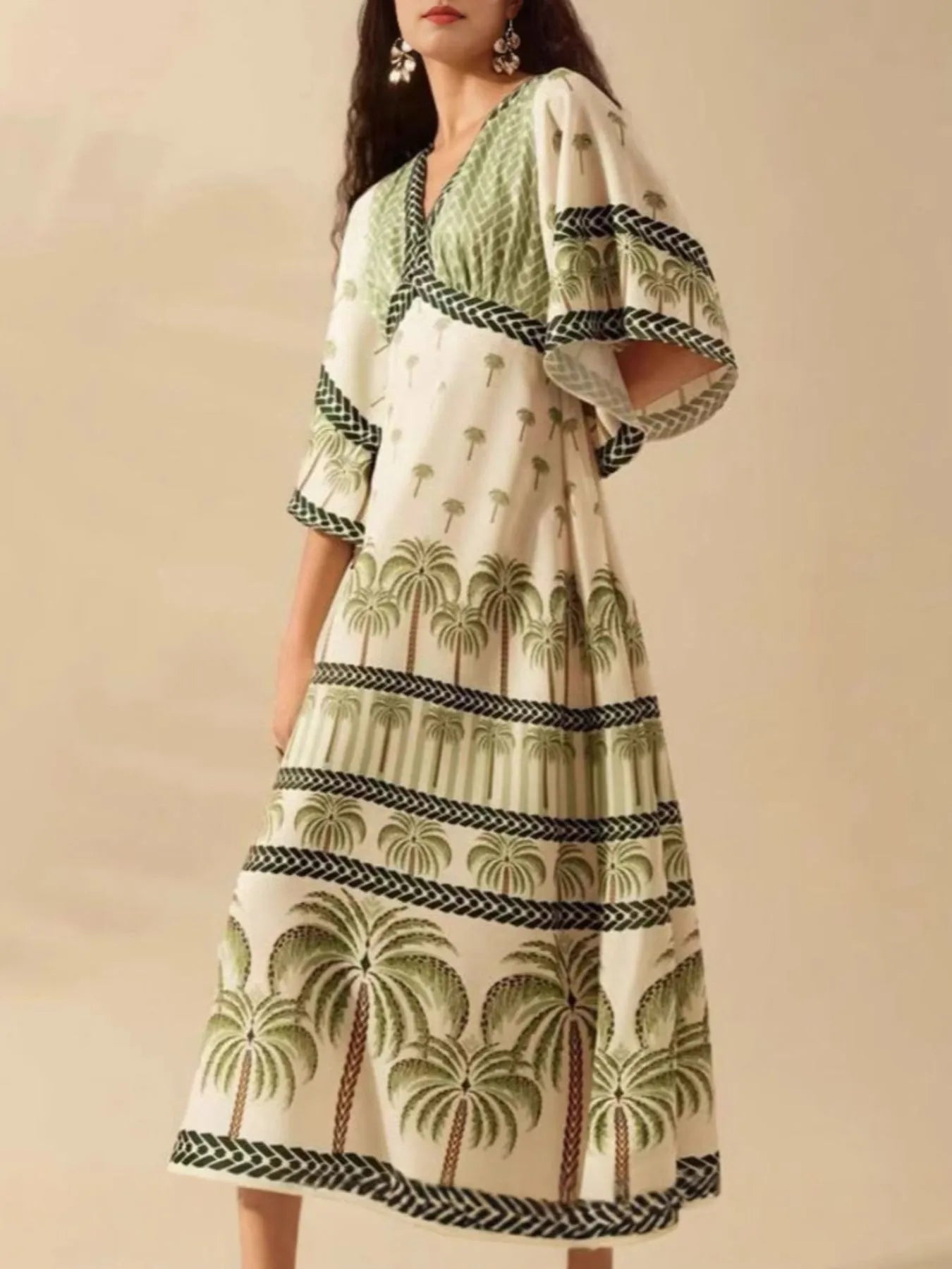 Palm Print V-Neck Midi Dress
