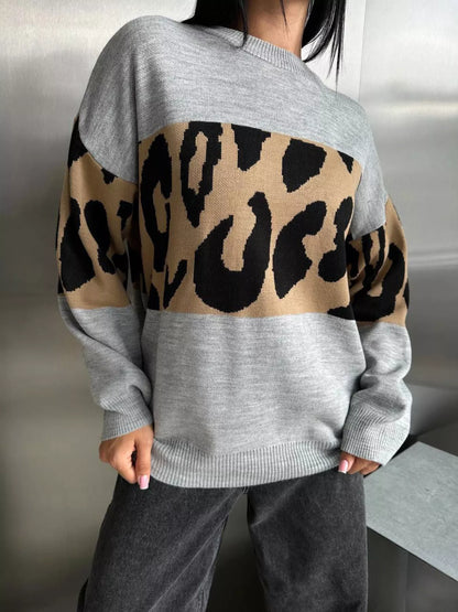 Leopard Color Block Round Neck Sweater