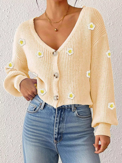 Floral V-Neck Button-Down Cropped Cardigan