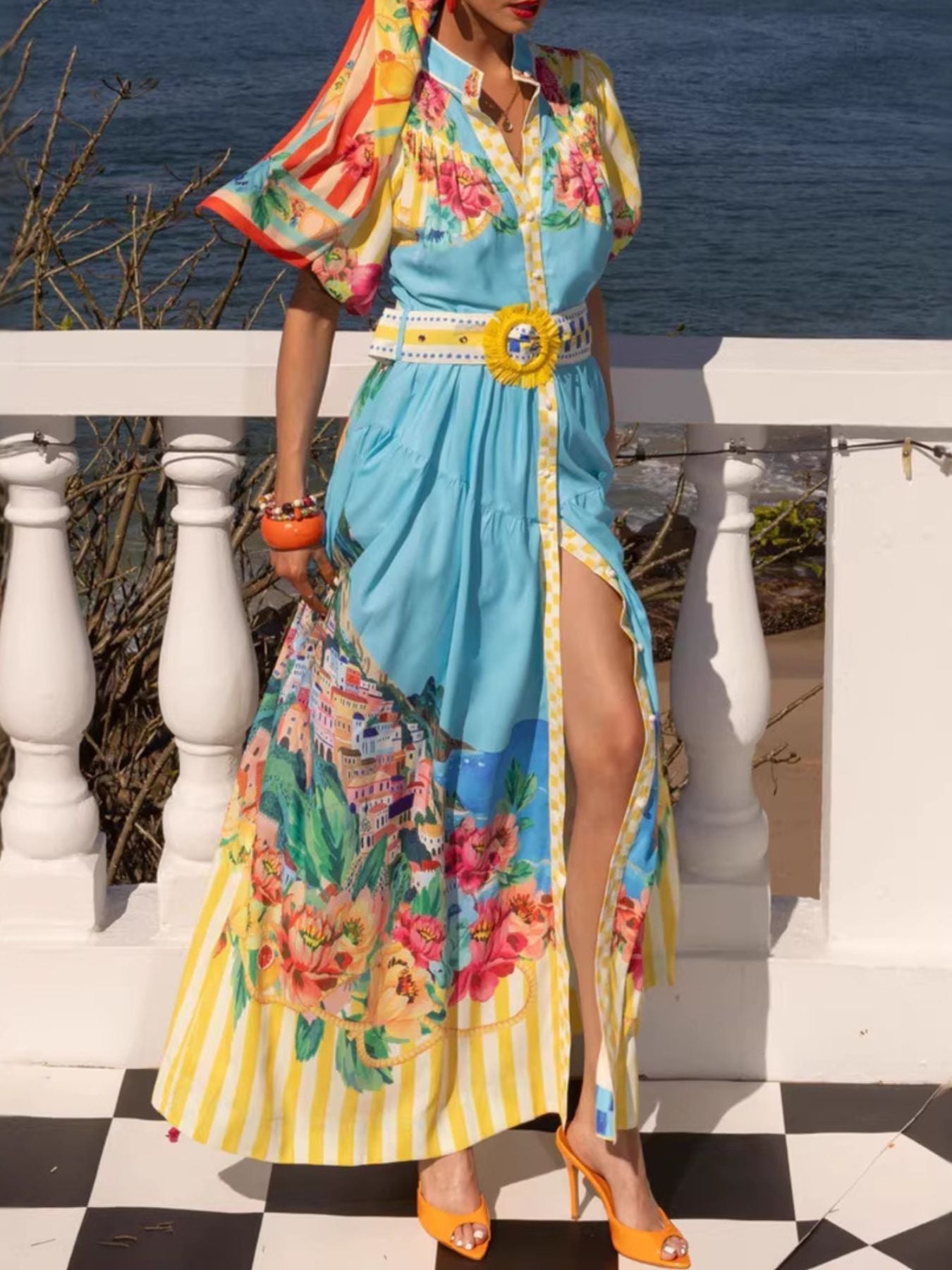 Printed Button Front Puff Sleeve Dress