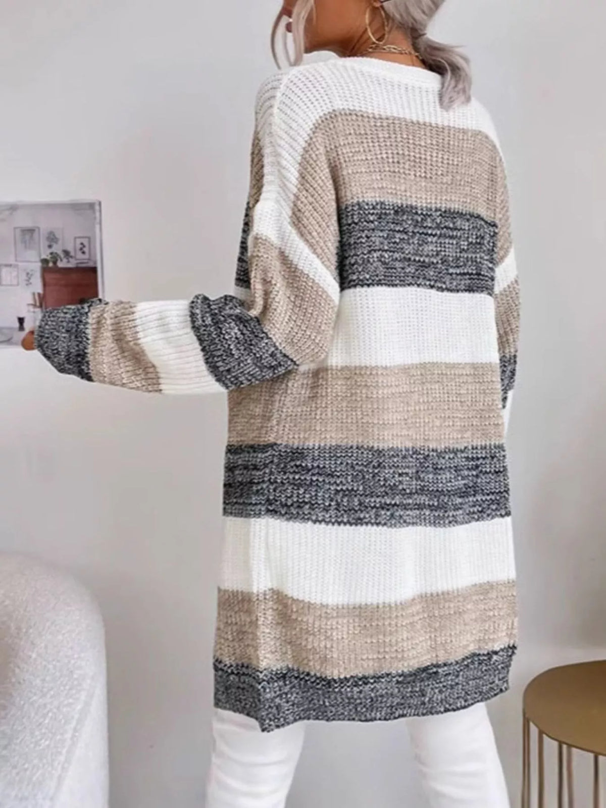 Color Block Striped Open Front Longline Cardigan