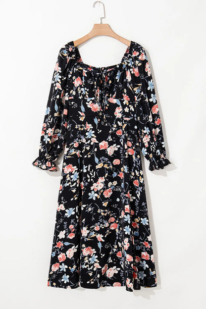 Floral Print Flounce Sleeve Midi Dress