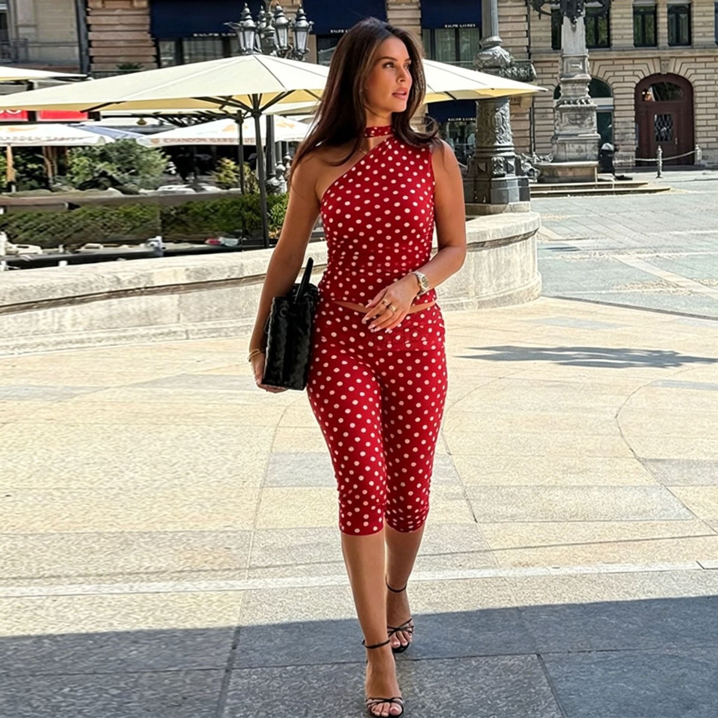 Mesh splicing polka dot printed single shoulder diagonal collar two-piece set