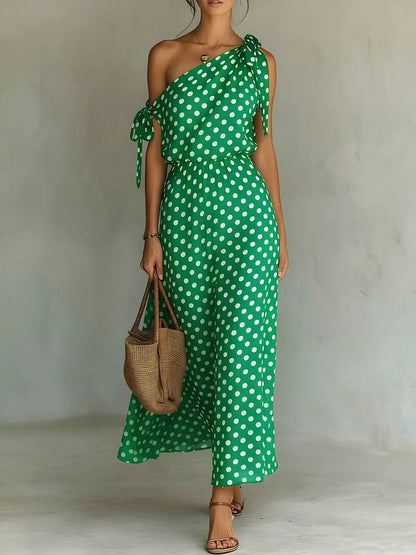 Polka Dot One-Shoulder Maxi Dress