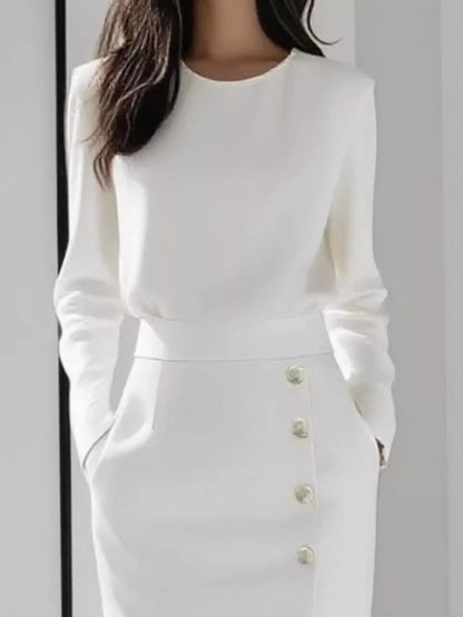 Long Sleeve Button Detail Midi Dress with Side Slit