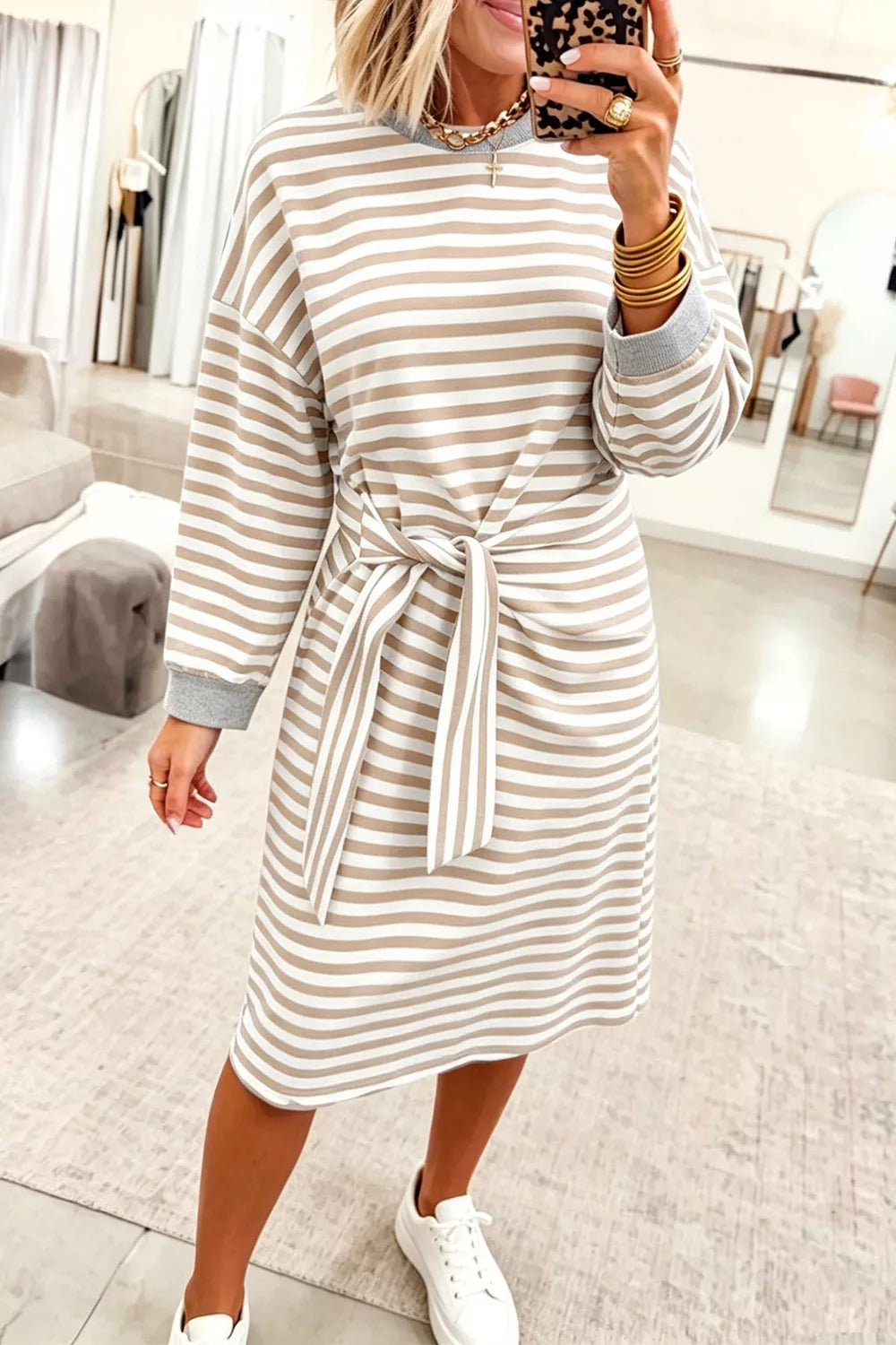 Stripe Striped Cuffs Long Sleeve Shift Dress