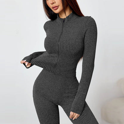 External threaded zipper yoga suit set