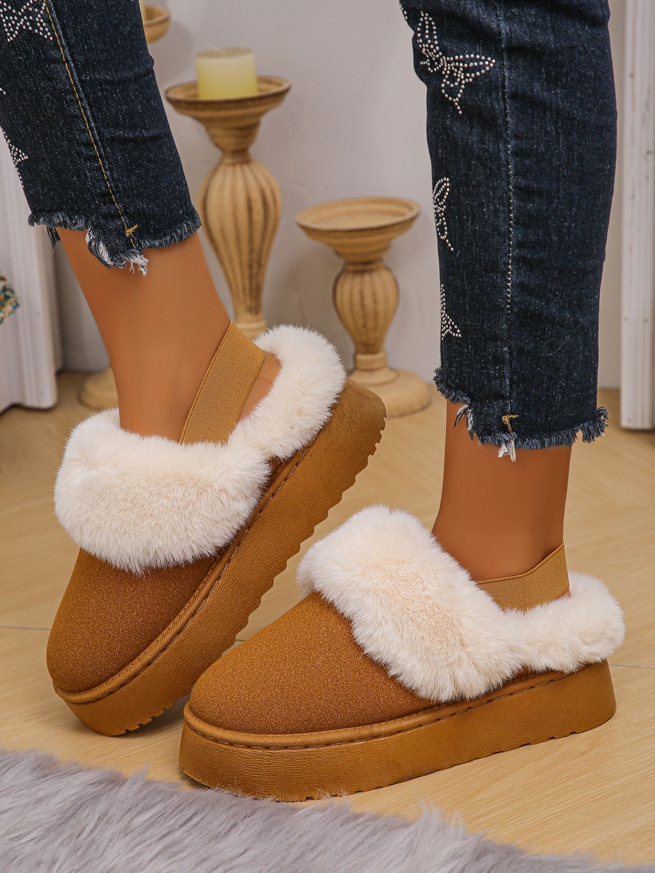 Fur Round Toe Platform Slippers