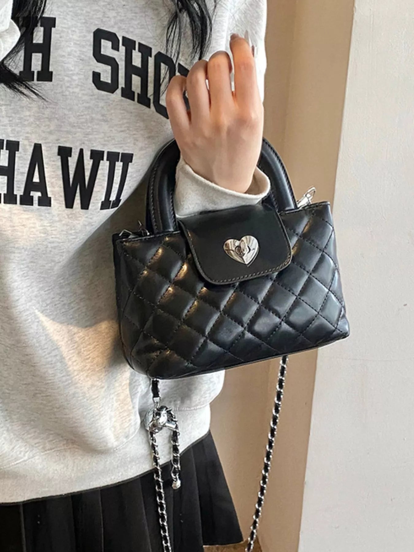 Quilted Heart Lock Crossbody Bag