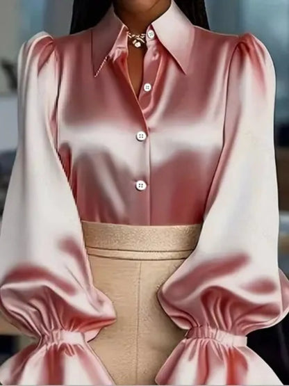 Satin Button Up Flounce Sleeve Shirt