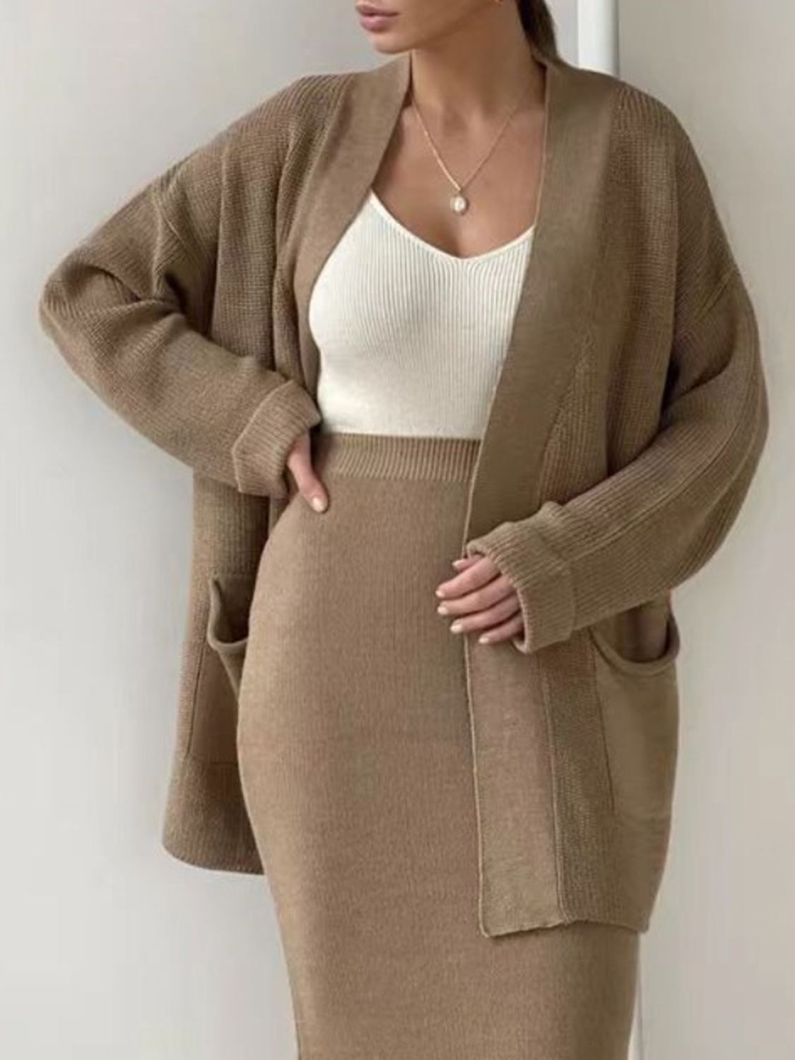 Pocketed Cardigan Skirt Set