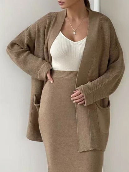 Pocketed Cardigan Skirt Set