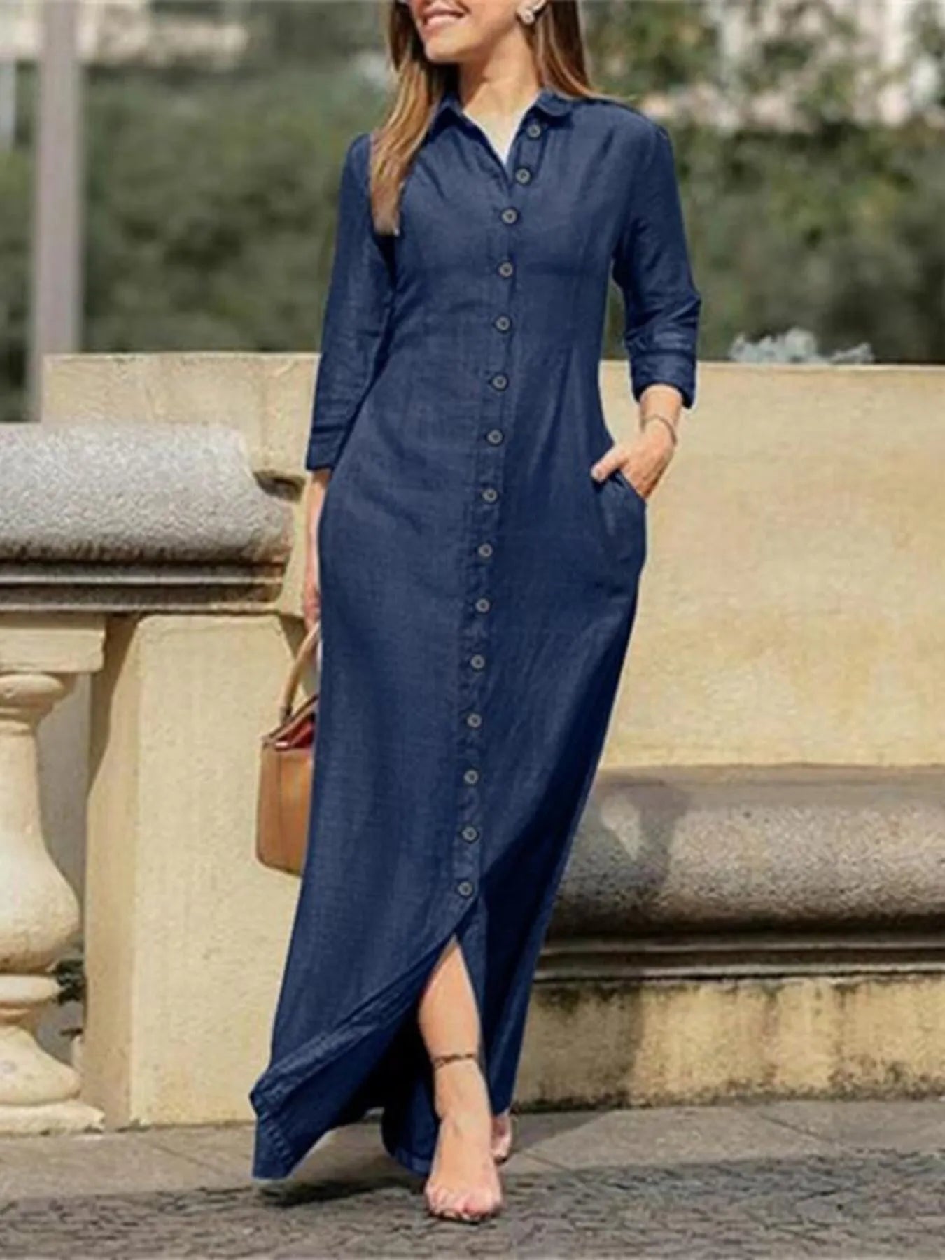 Full Size Button-Down Maxi Denim Dress