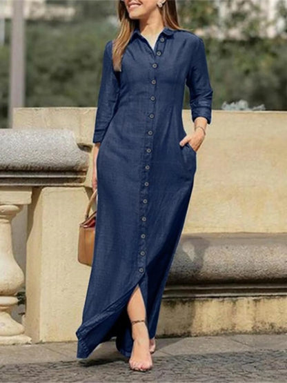 Full Size Button-Down Maxi Denim Dress