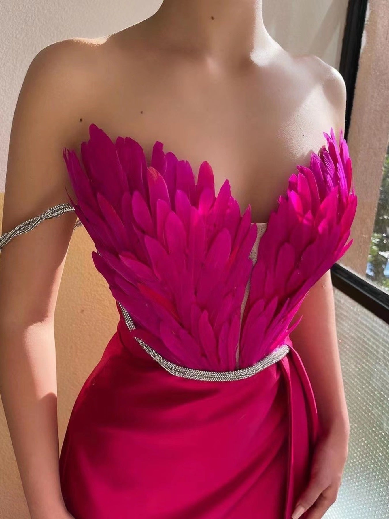 Feather Embellished Slit Maxi Dress