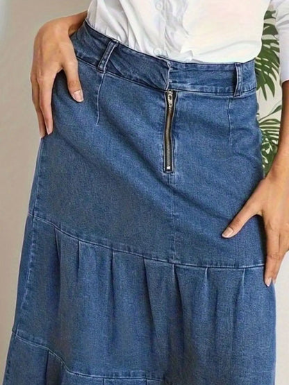 Tiered Maxi Denim Skirt with Zipper Detail