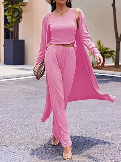 Round Neck Tank & Cardigan & Pants Set
