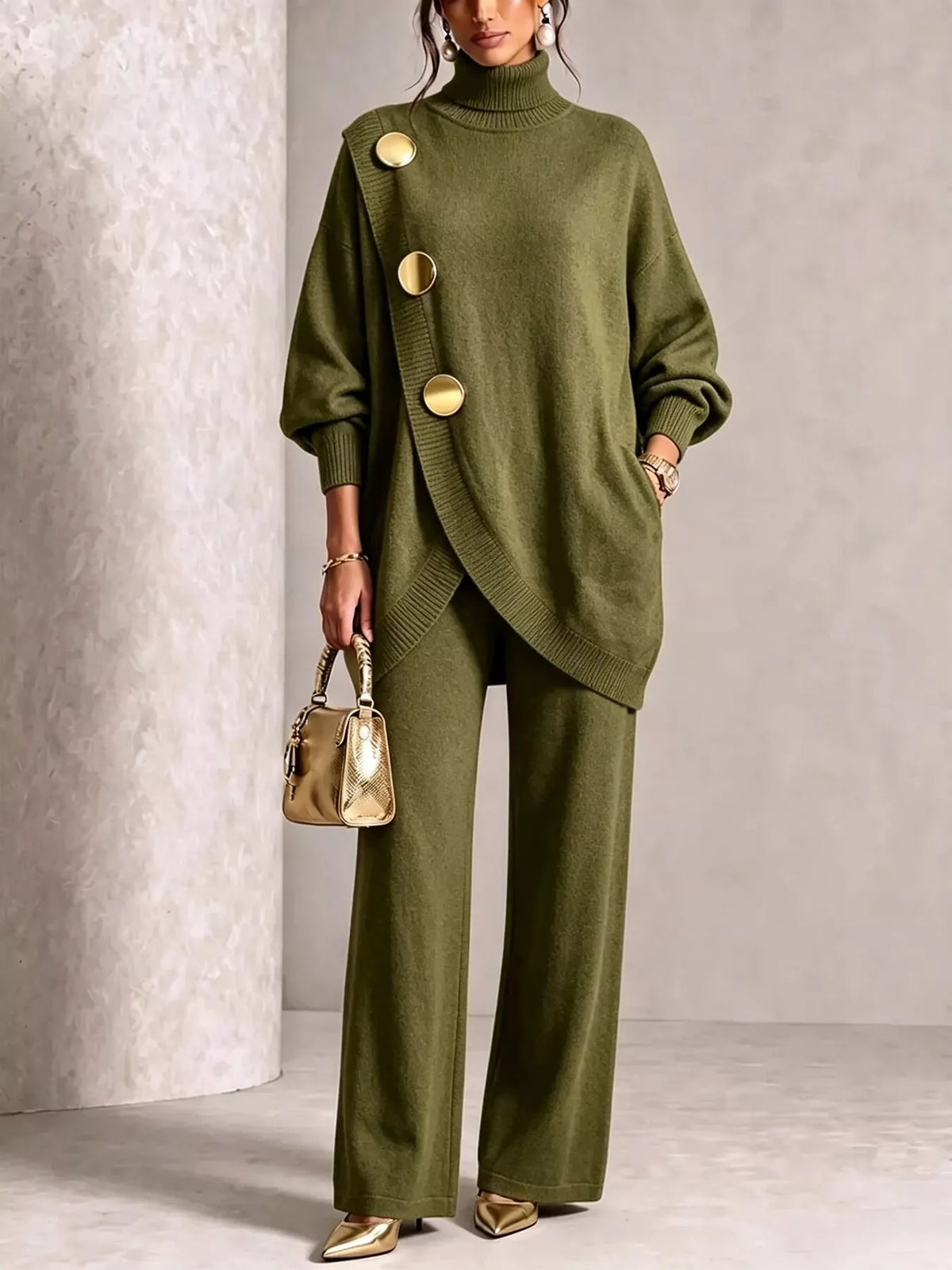 Gold Button Turtleneck Sweater and Pants Set