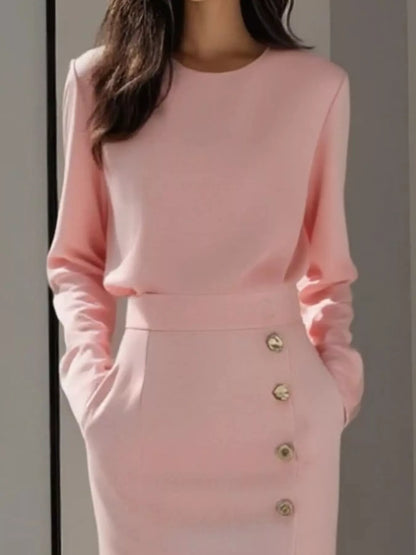 Long Sleeve Button Detail Midi Dress with Side Slit