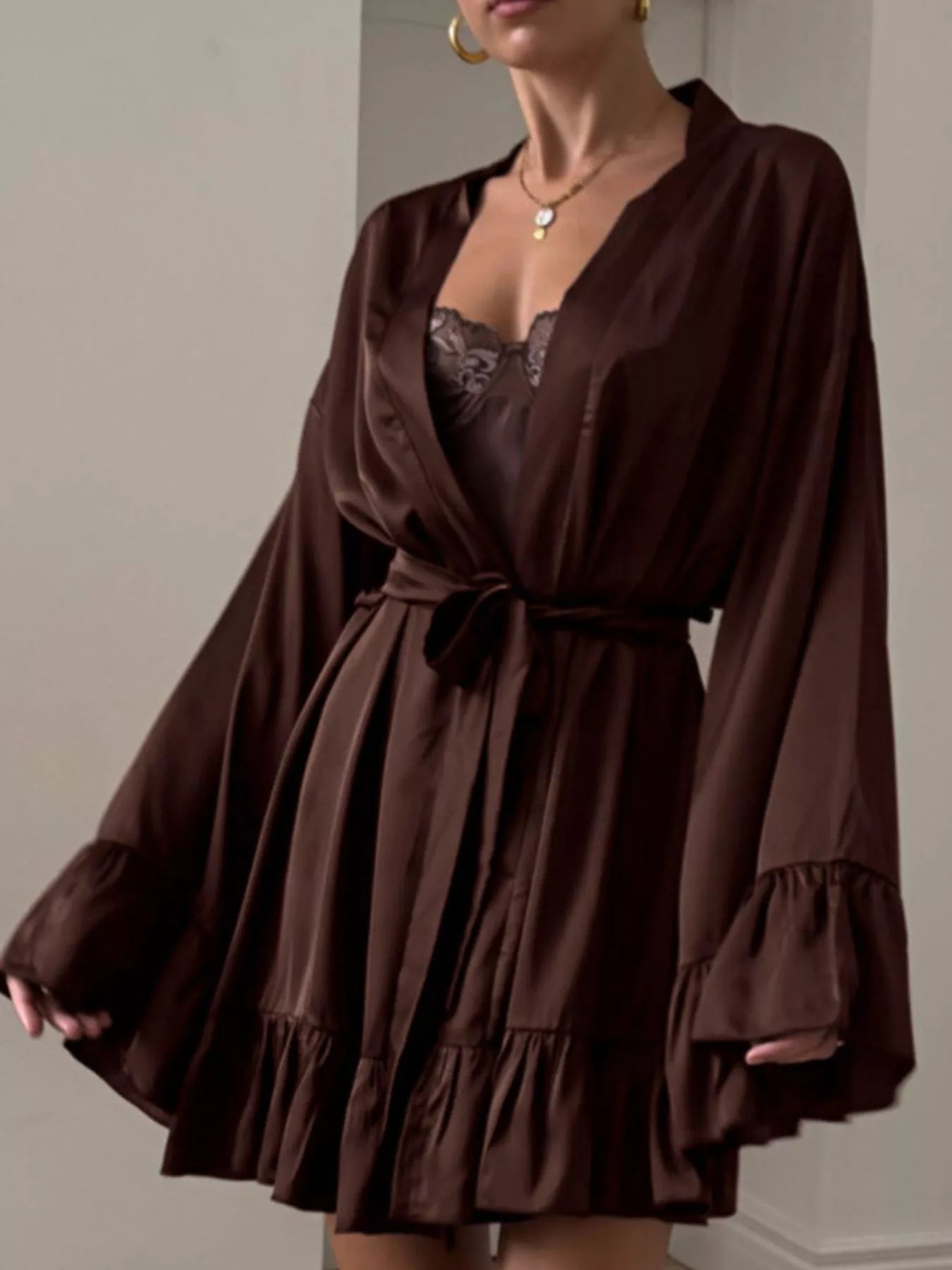 Satin Ruffle-Trim Lounge Nightgown Robe