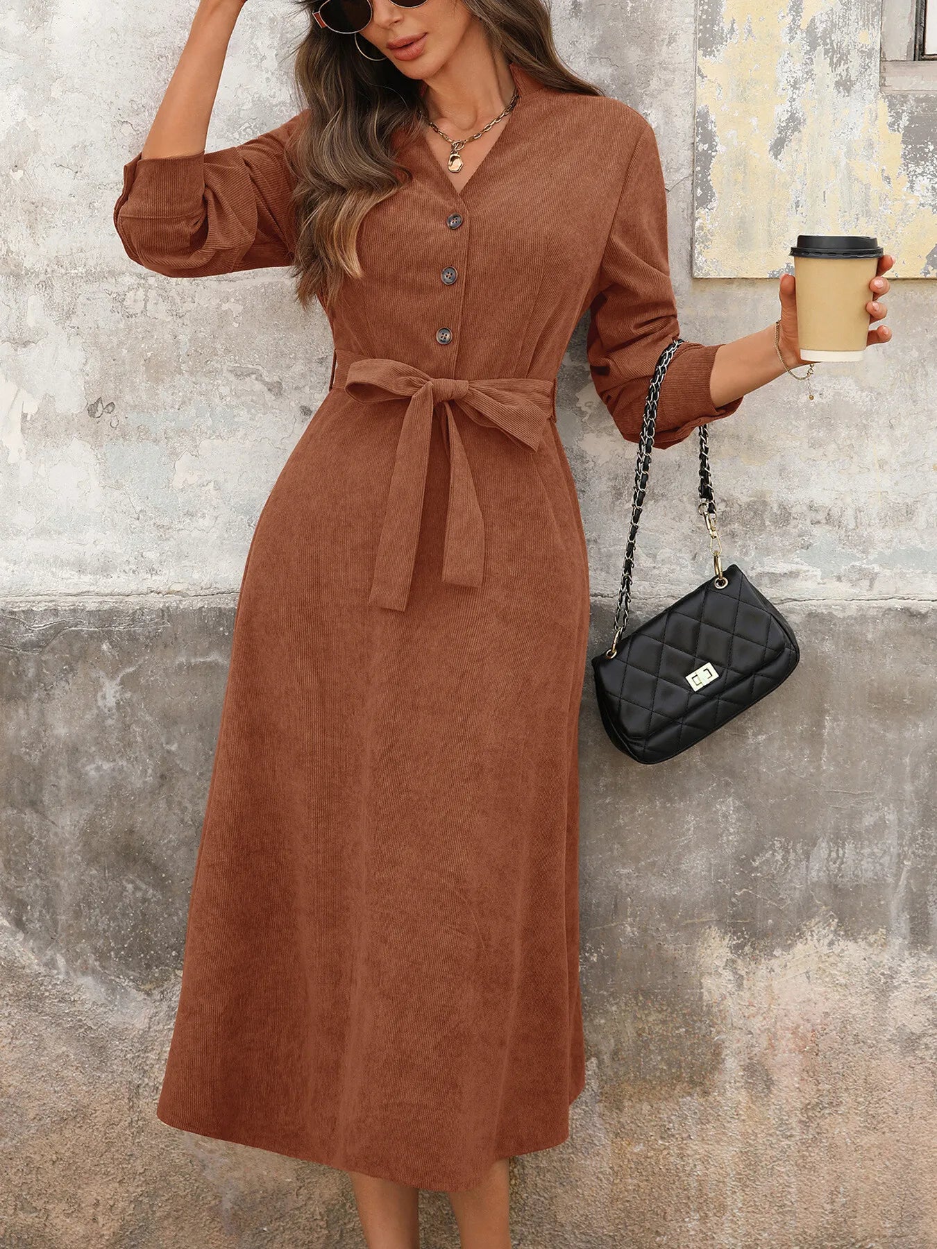 Button Front Belted Midi Dress