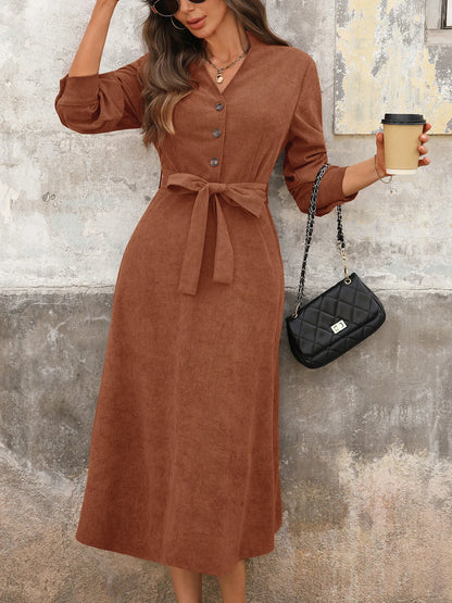 Button Front Belted Midi Dress