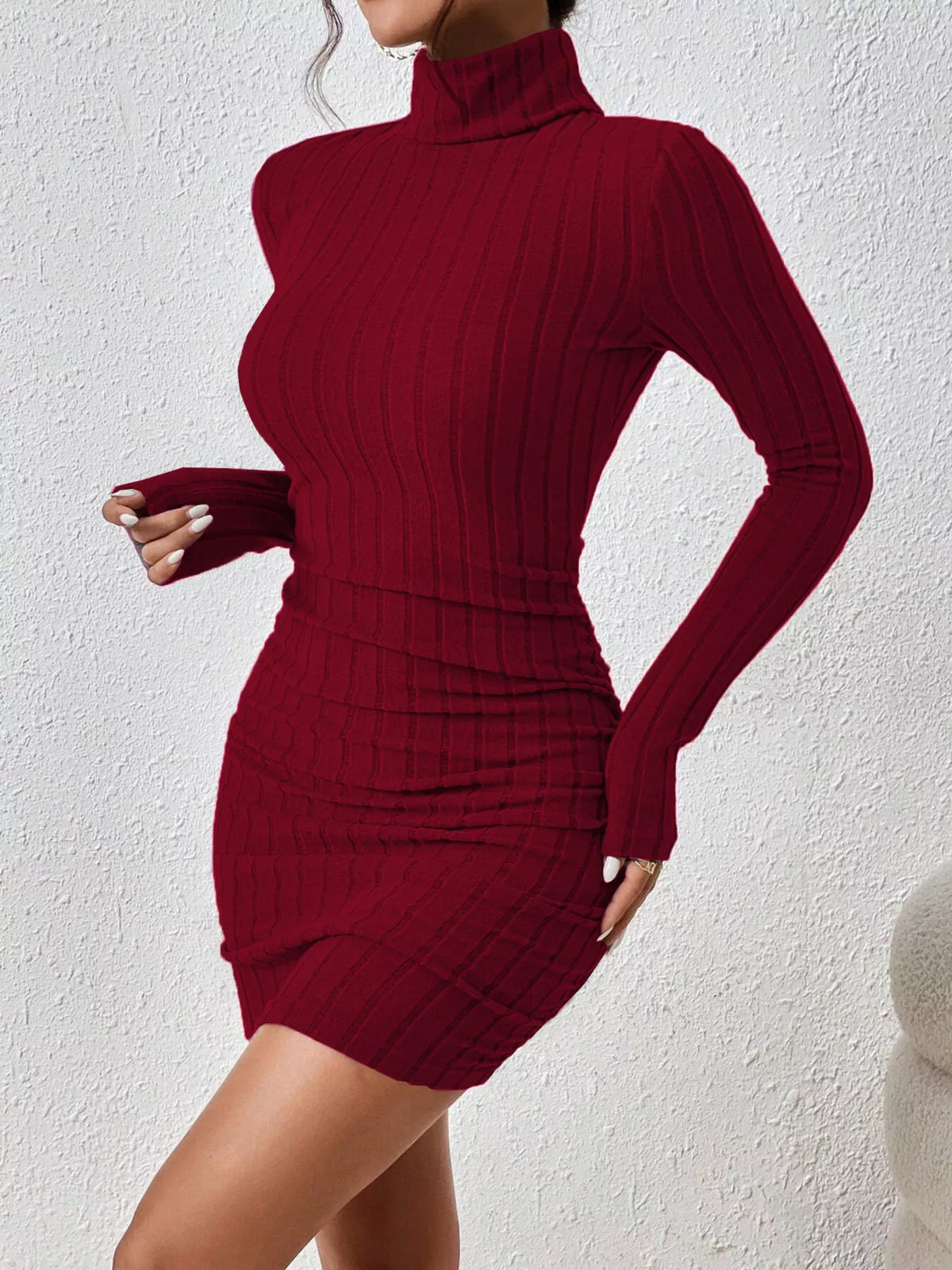 Turtleneck Ribbed Bodycon Knit Dress