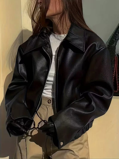 Oversized Faux Leather Zip Up Moto Jacket