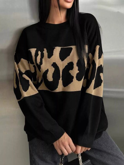 Leopard Color Block Round Neck Sweater