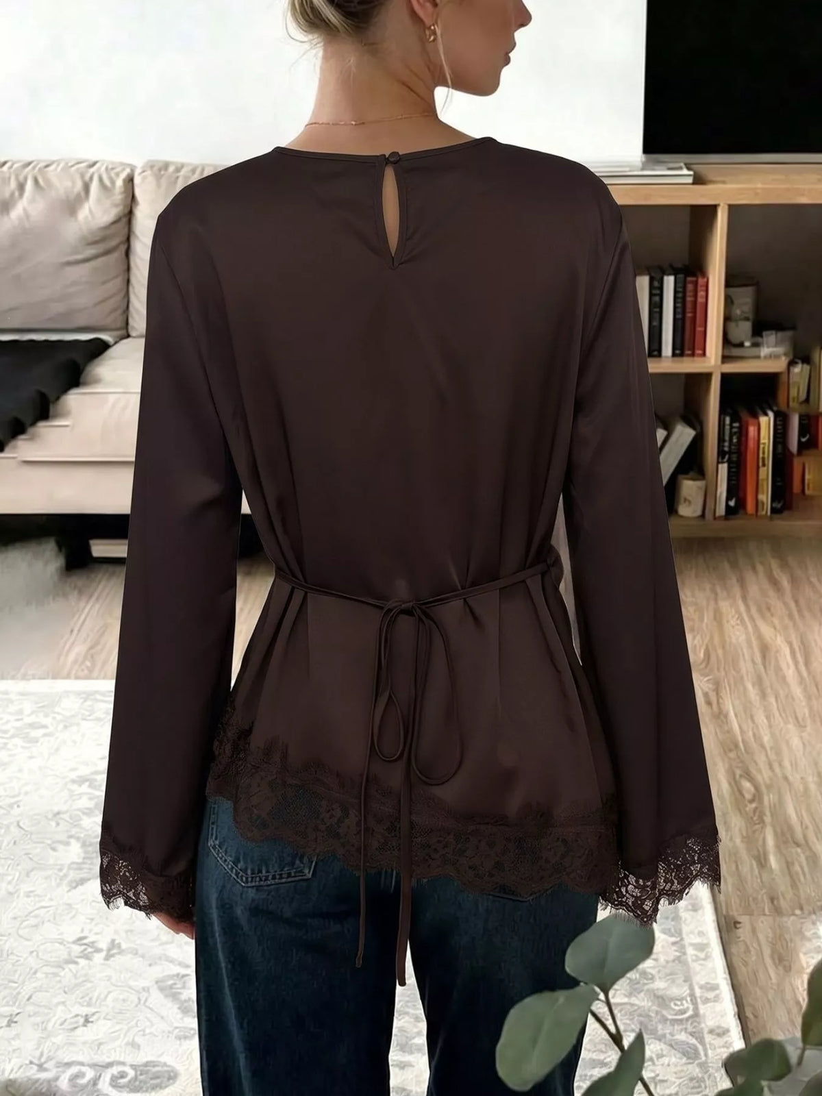 Plus size lace-trim satin blouse, view 6