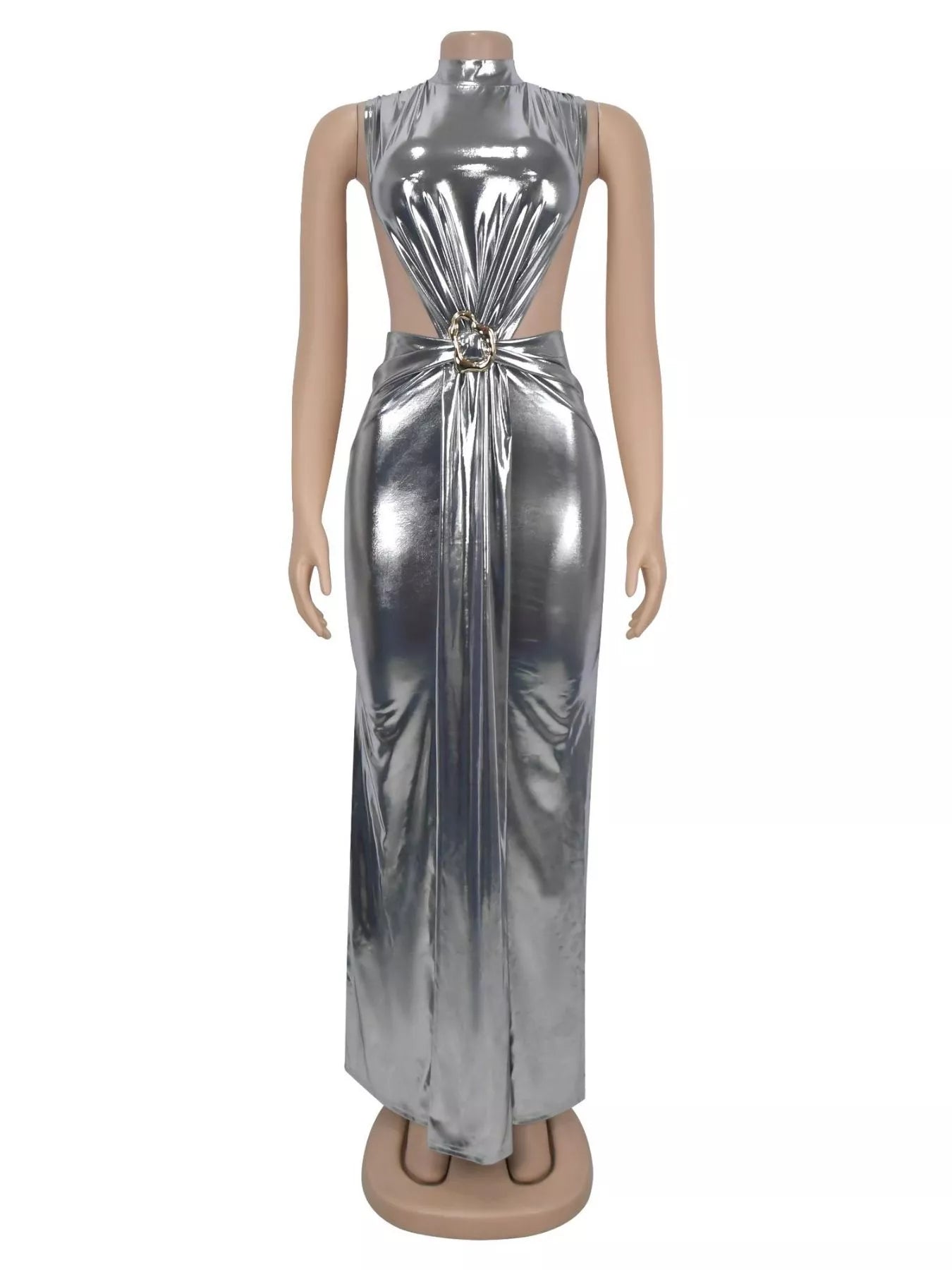 Mock Neck Cut-Out Ruched Maxi Dress