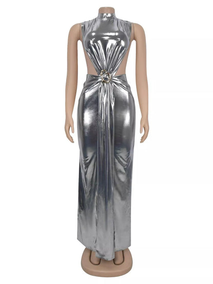Mock Neck Cut-Out Ruched Maxi Dress