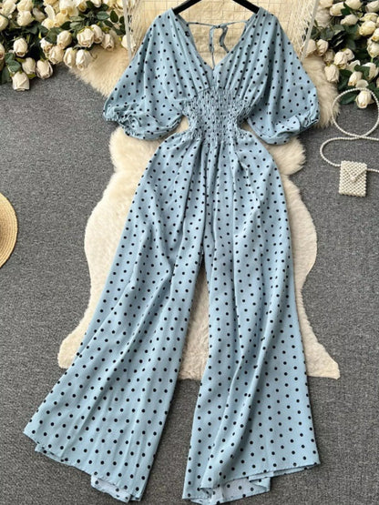 Smocked V-Neck Wide Leg Jumpsuit