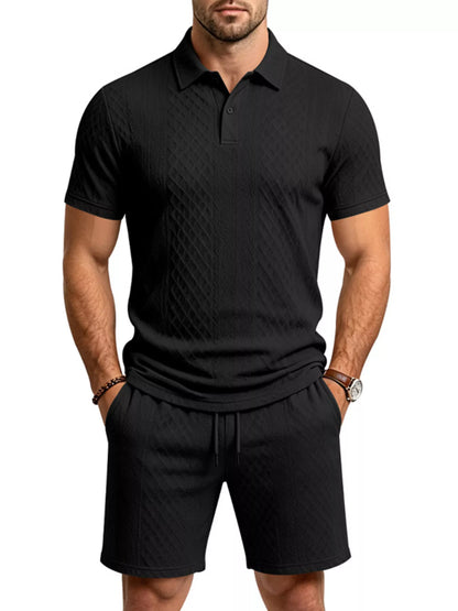Men's Full Size Textured Short Sleeve Polo and Shorts Set Plus Size