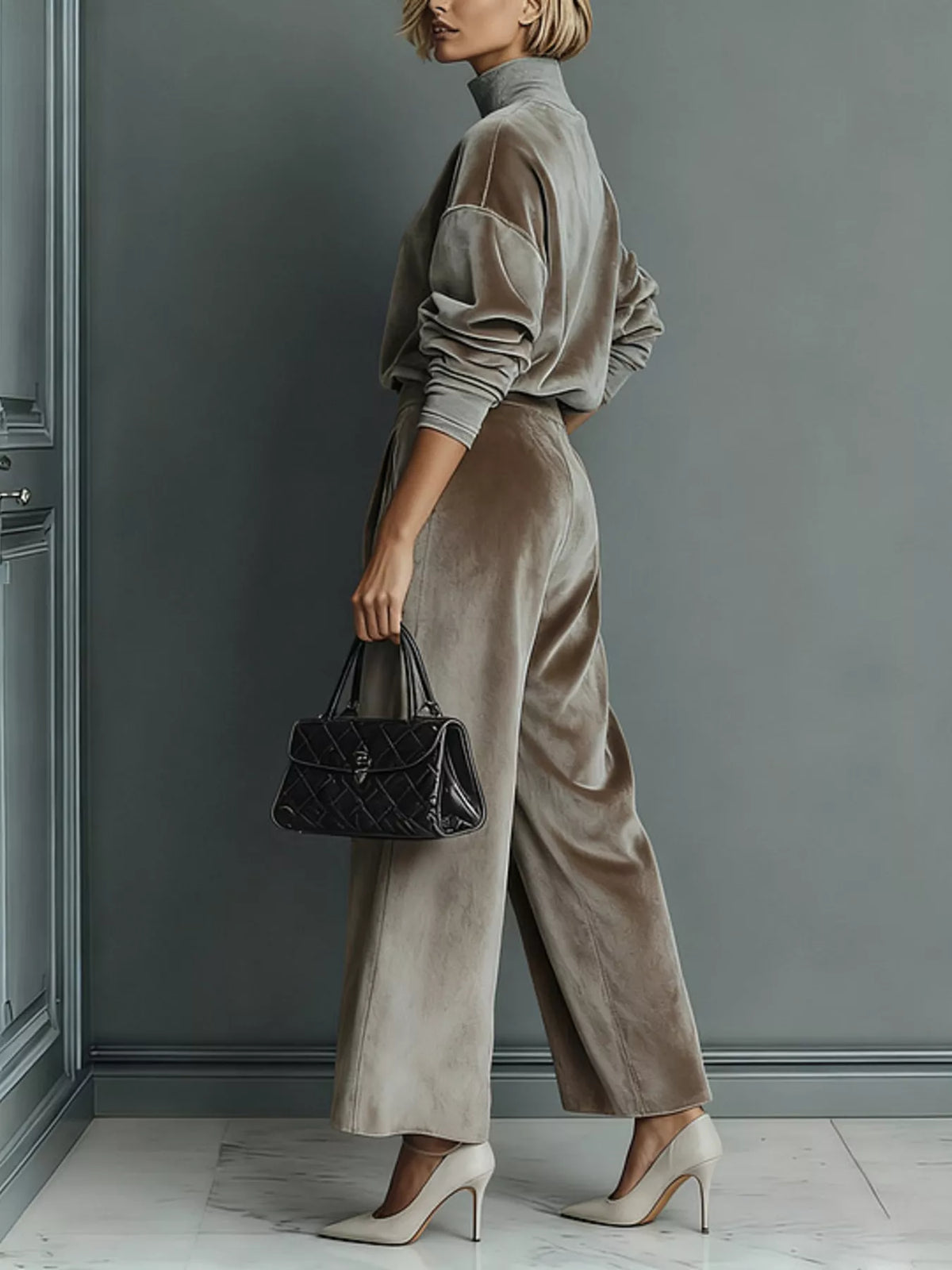 Velvet mock neck pants outfit, view 3