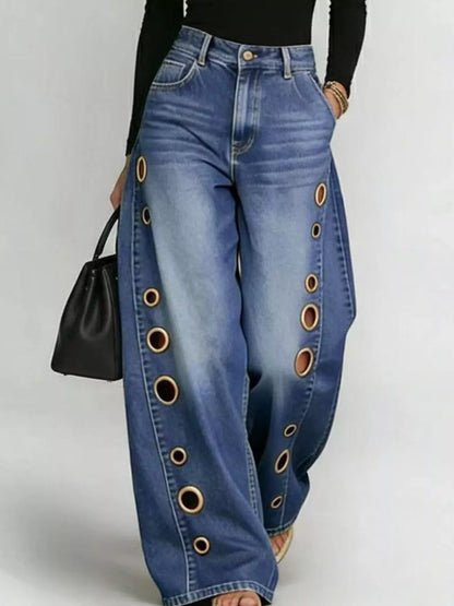 Wide Leg Jeans with Eyelet Details