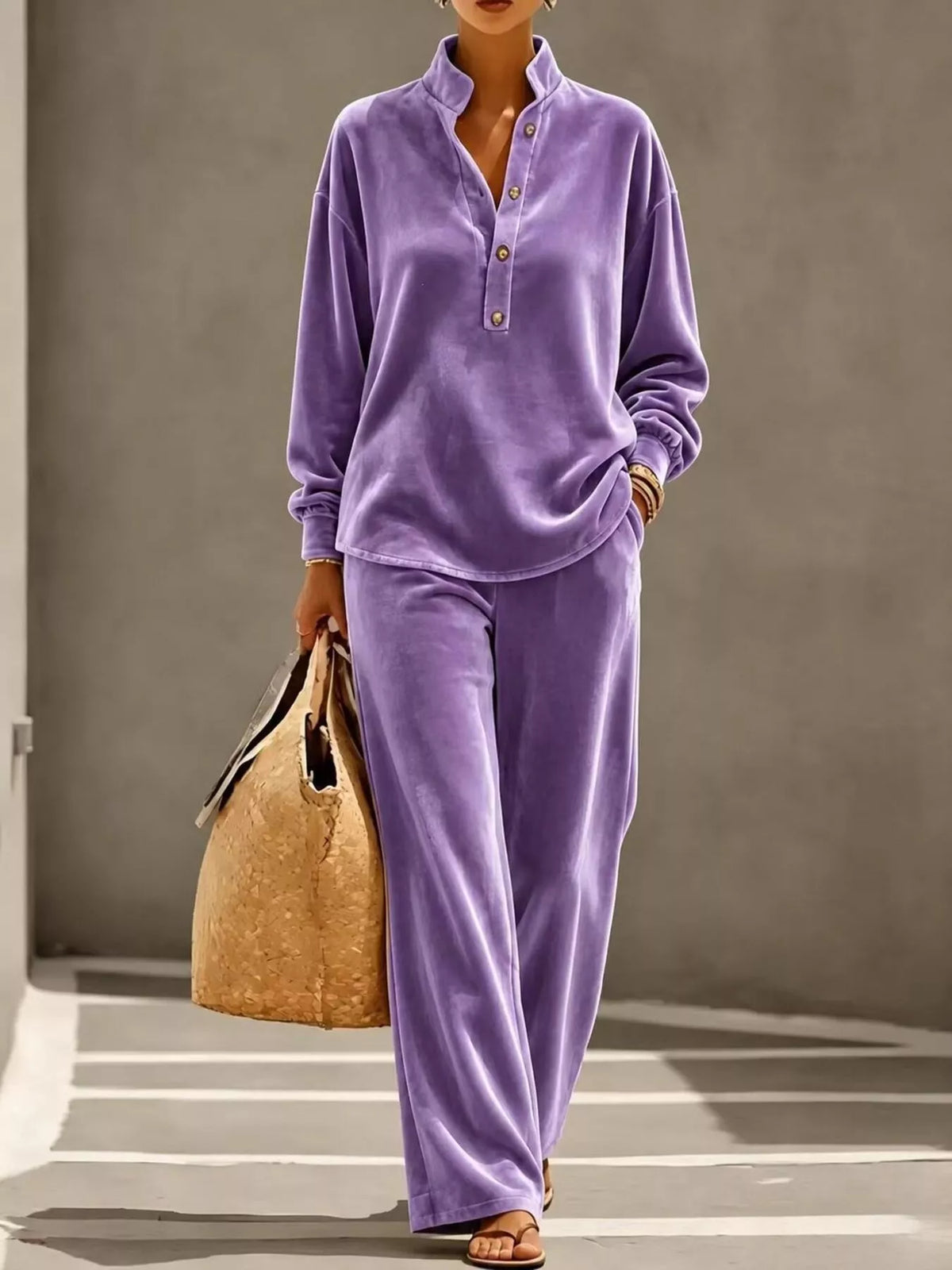 Plus Size Half Button Top & Wide Leg Pants Set