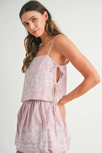 Embroidered Crop Cami Mini Skirt Set