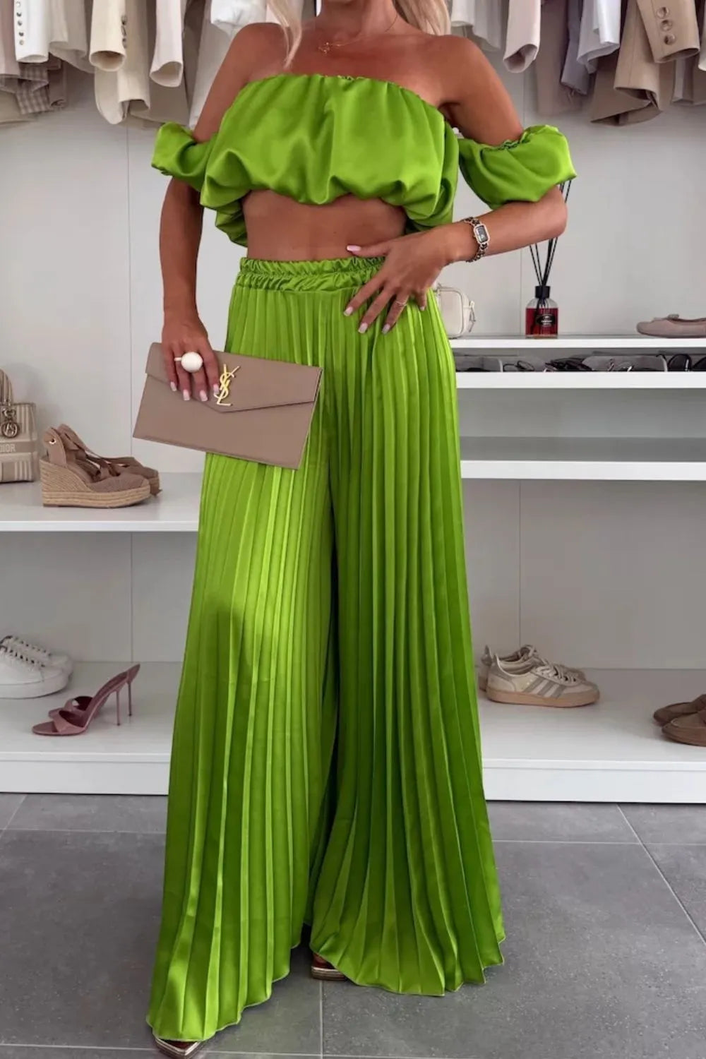 Off-Shoulder Top and Pleated Pants Set