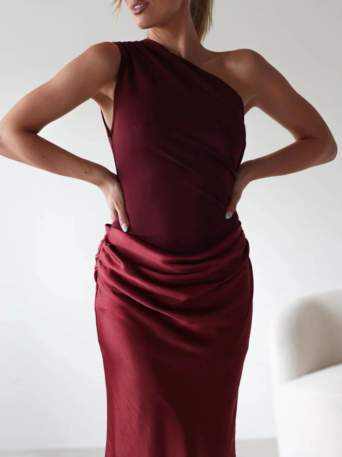 One Shoulder Ruched Bodycon Maxi Dress